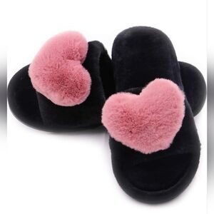 HEART Slipper Fuzzy Fluffy Memory Foam Open Toe In/Outdoor House Shoe DARK PINK